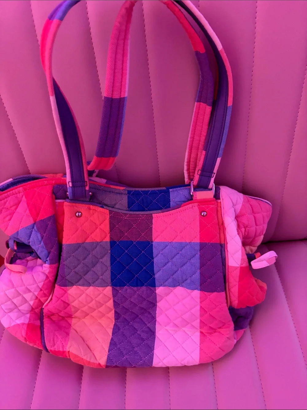 Vera Bradley Rainbow Plaid Quilted Tote in Pink, Blue, Purple